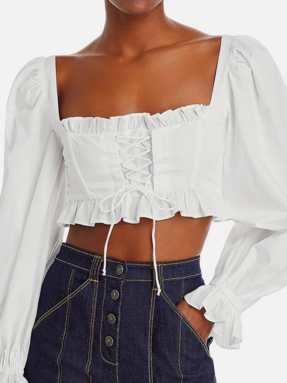For Love And Lemons White Ruffle Lace-Up Crop Blouse